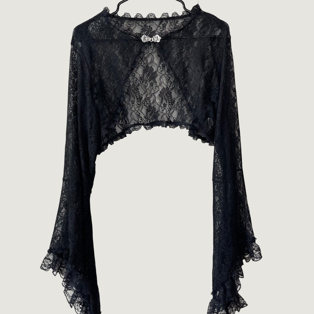 Black Sheer Lace Crop Shrug Bolero Flare Bell Sleeve Top Goth XL